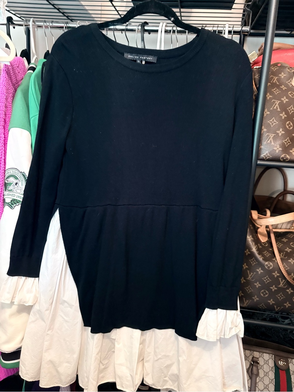 English Factory Black Top with White Ruffle Hem